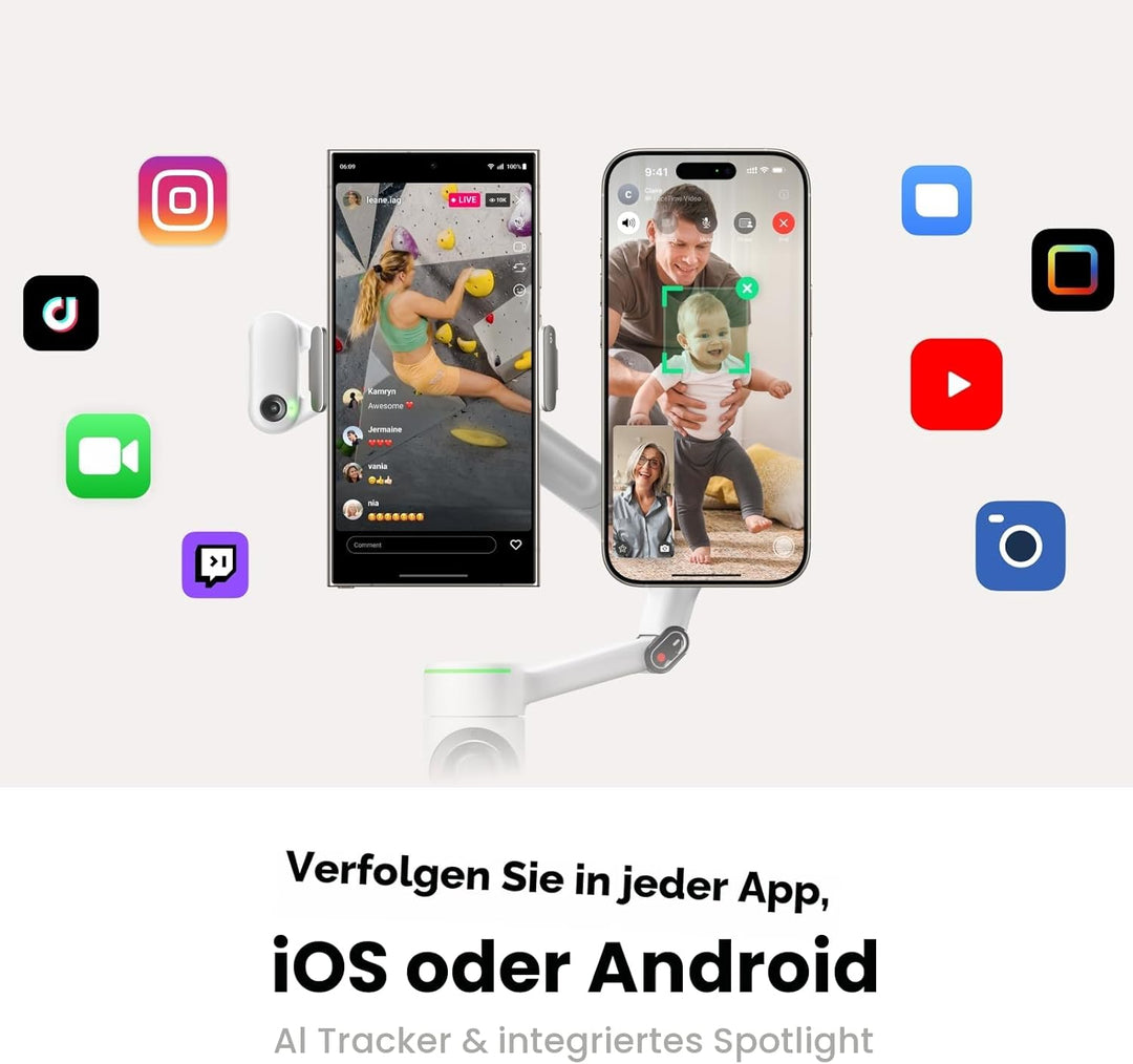 Insta360 Flow 2 Pro Weiss - Faltbarer AI Gimbal, Tracking in 200+ Apps mit Apple DockKit, Multi-Pers