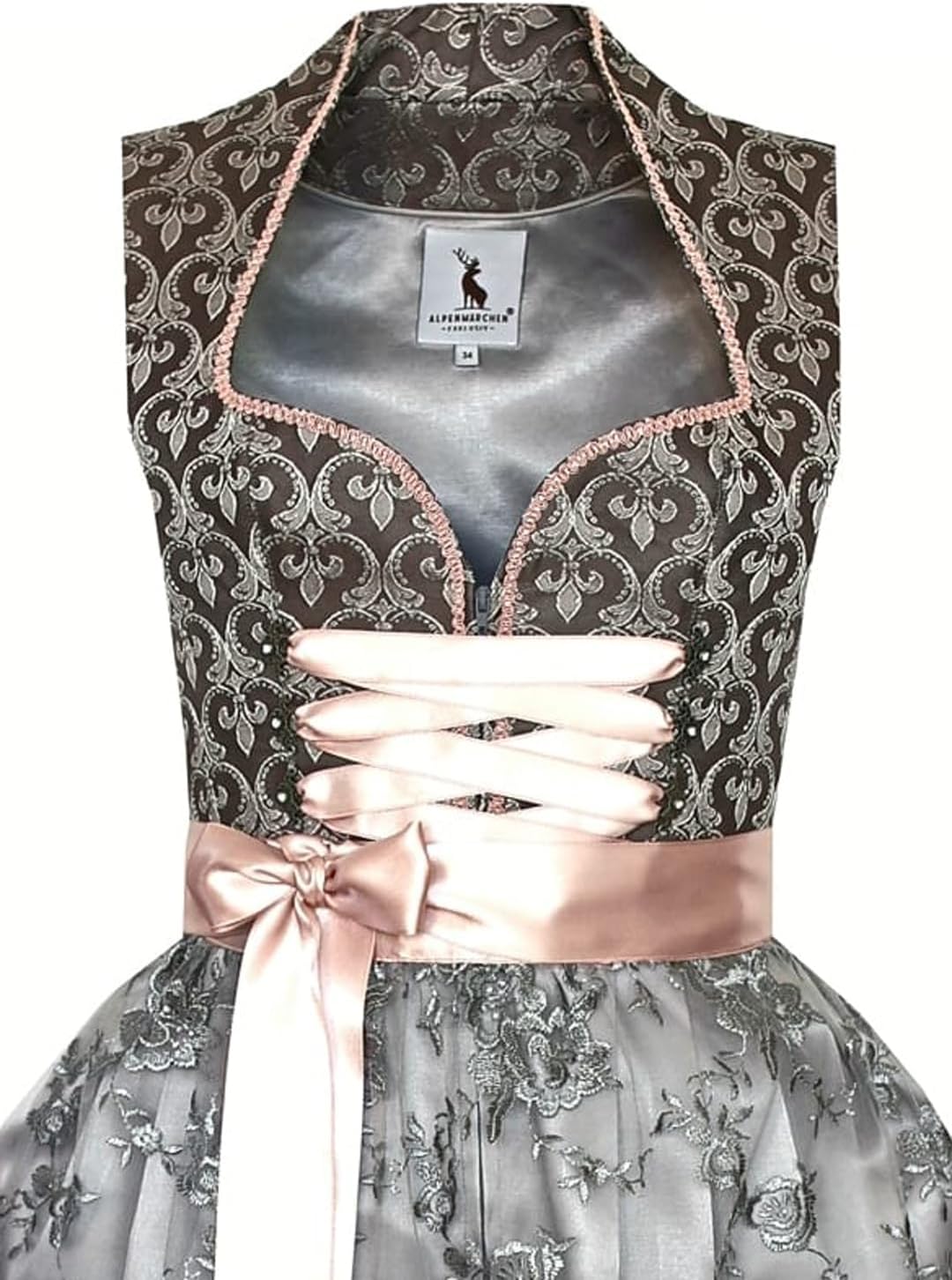 Alpenmärchen Midi Dirndl aus Exklusiver Kollektion inkl. Spitzenschürze Gr.32-54 - ALM660 32 Grau-gr