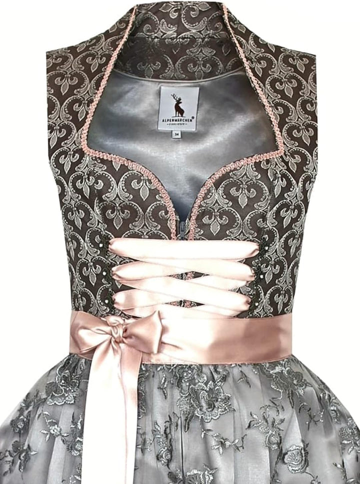Alpenmärchen Midi Dirndl aus Exklusiver Kollektion inkl. Spitzenschürze Gr.32-54 - ALM660 32 Grau-gr