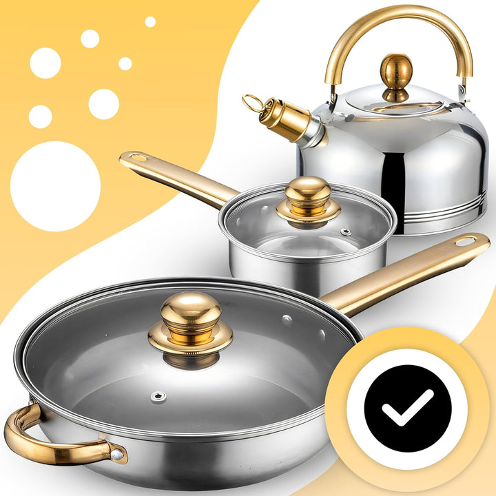 Retoo Topfset 12-teilig Edelstahl Kochtopfset mit Glasdeckel und goldenen Griffen, Grosses Cooking P