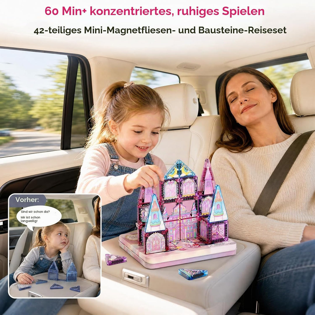 burgkidz Magnetische Bausteine Reisespielzeug für Mädchen: 42 Teile Prinzessin Einhorn Magnetische T