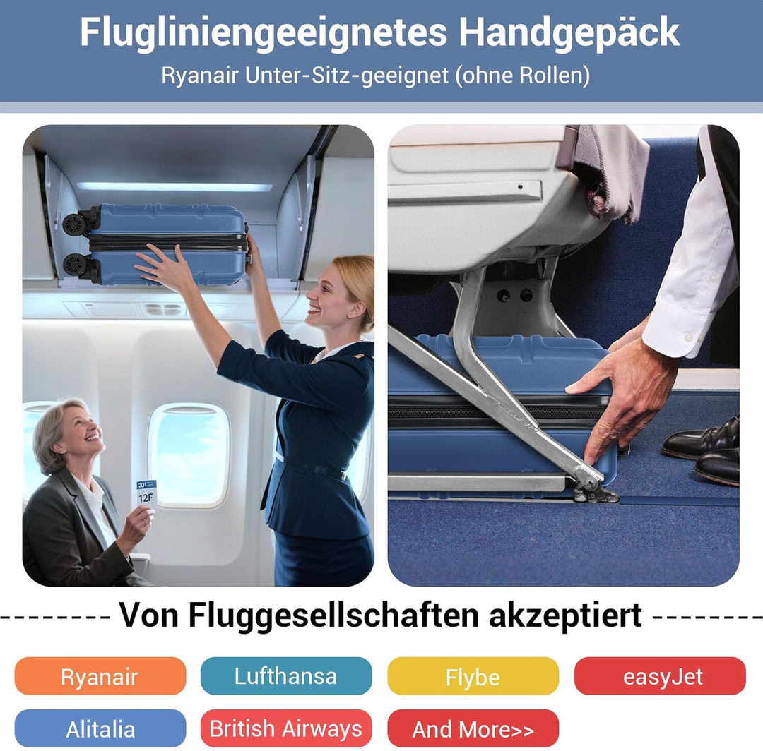 KONO Handgepäck Koffer mit abnehmbaren Rollen, 40x30x20 cm ohne Rollen, Leichter Kabinen-Koffer klei