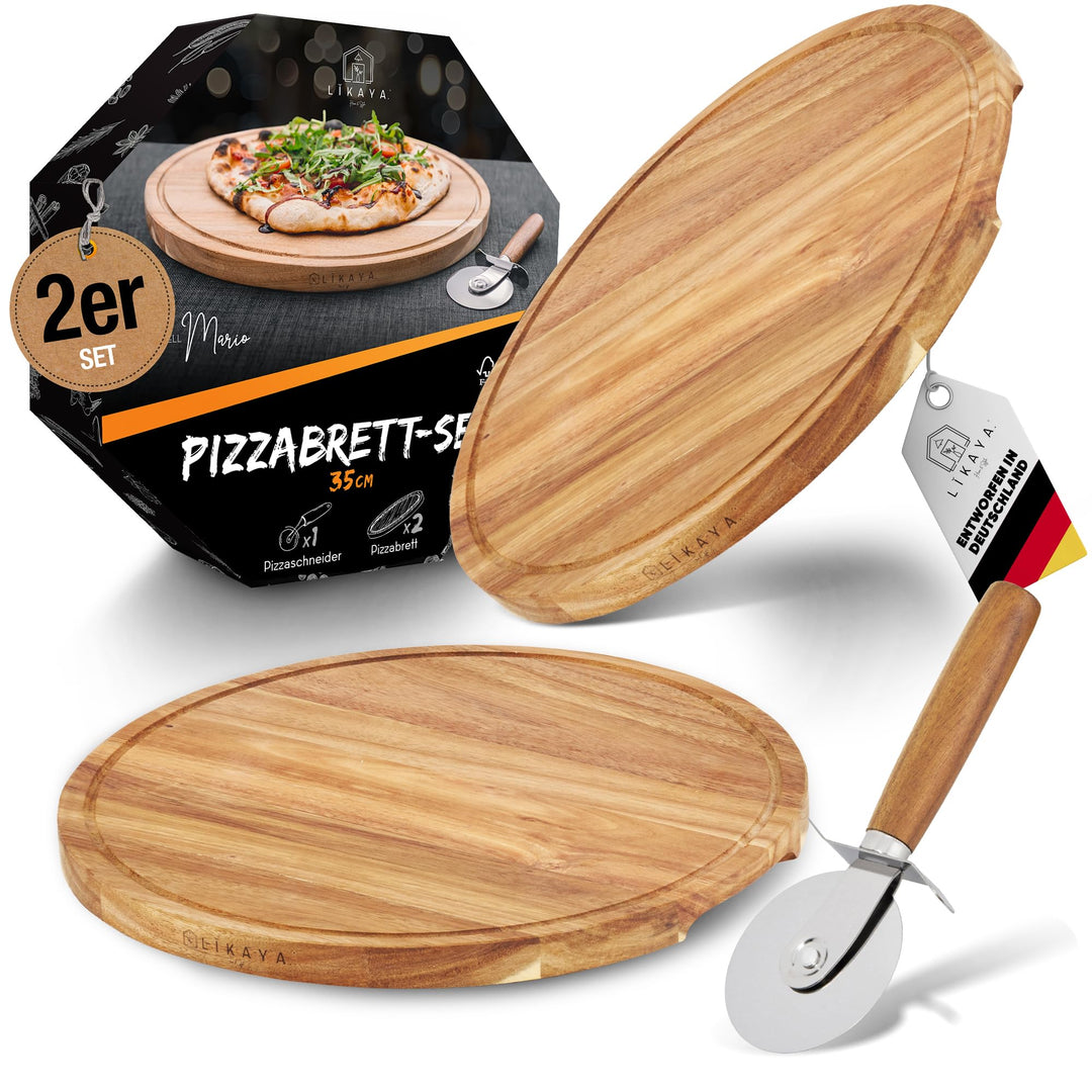 LIKAYA® Pizzabrett/Pizzateller 'MARIO' 2er Set rund mit Pizzaschneider [⌀35cm gross] aus FSC®-zertif