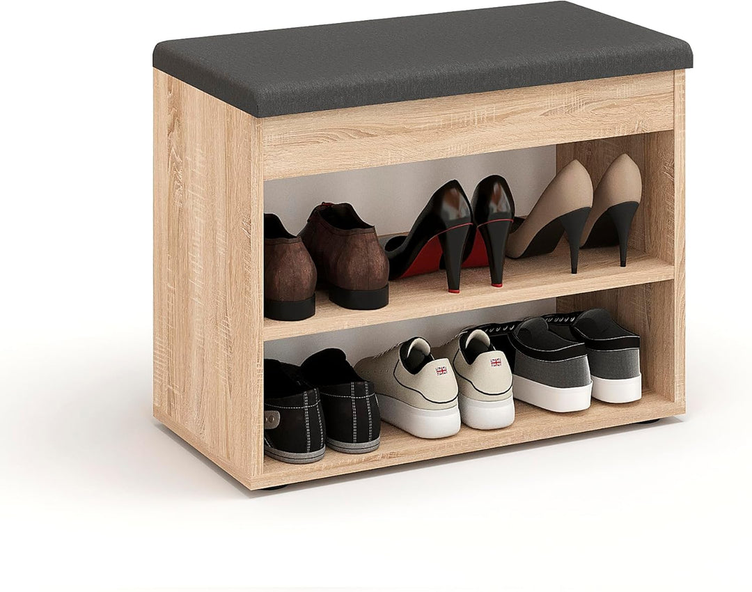 KOMTO Schuhbank mit Sitzfläche - Schuhregal Bank mit Stauraum Sonoma Eiche 60 x 48 x 32 cm Kleiner S