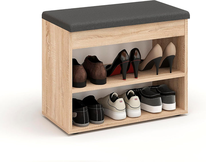 KOMTO Schuhbank mit Sitzfläche - Schuhregal Bank mit Stauraum Sonoma Eiche 60 x 48 x 32 cm Kleiner S