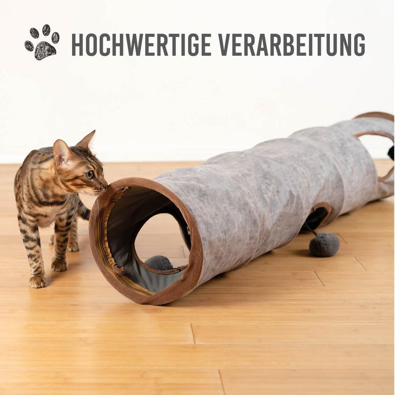 KaraLuna Premium Katzentunnel 120 x 24 cm I 3 Gucklöcher & Spielbälle I Katzen Spieltunnel Faltbar K