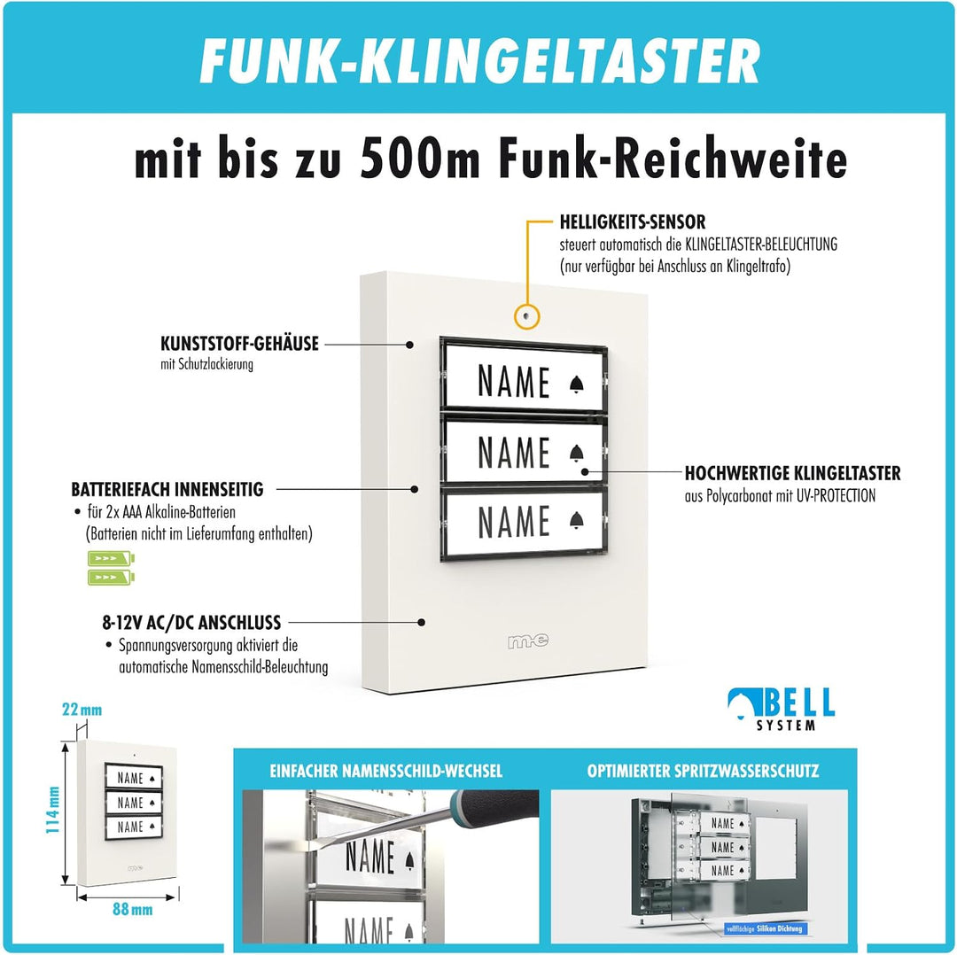 m-e Funkklingel BELL-523 BO Weiss mit Sender und Empfänger für 3-Familienhaus | Erweiterbare kabello