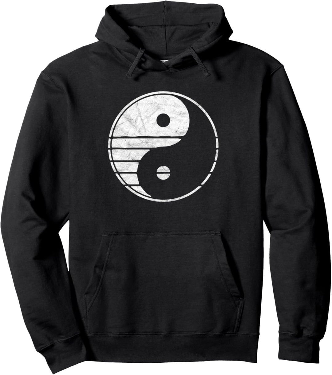 Vintage Minimalist White Yin Yang Distressed Design Pullover Hoodie