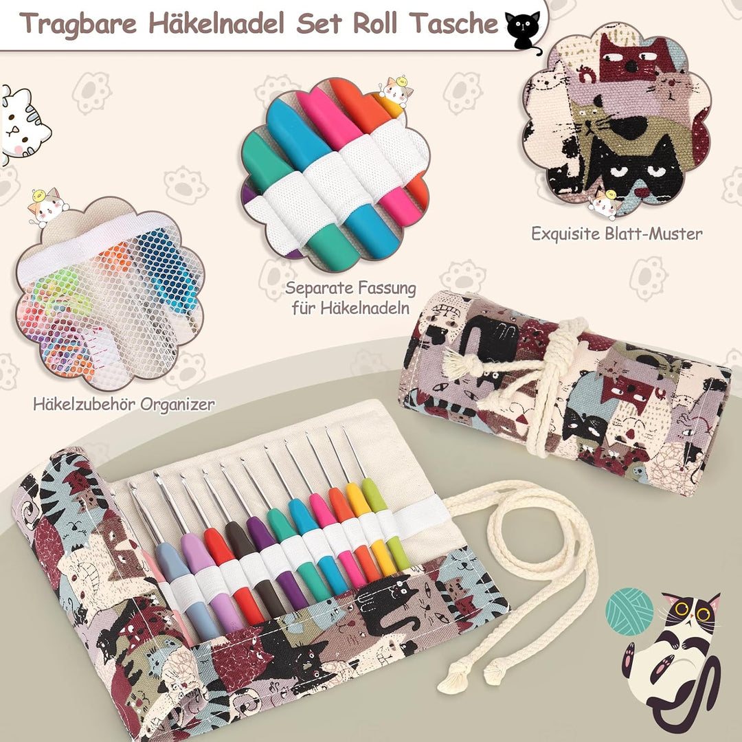 Coopay Häkelnadel Set mit Rolle Tasche, 14 Stück Häkelnadeln für Arthritische Hände, 2,0-10 mm Länge