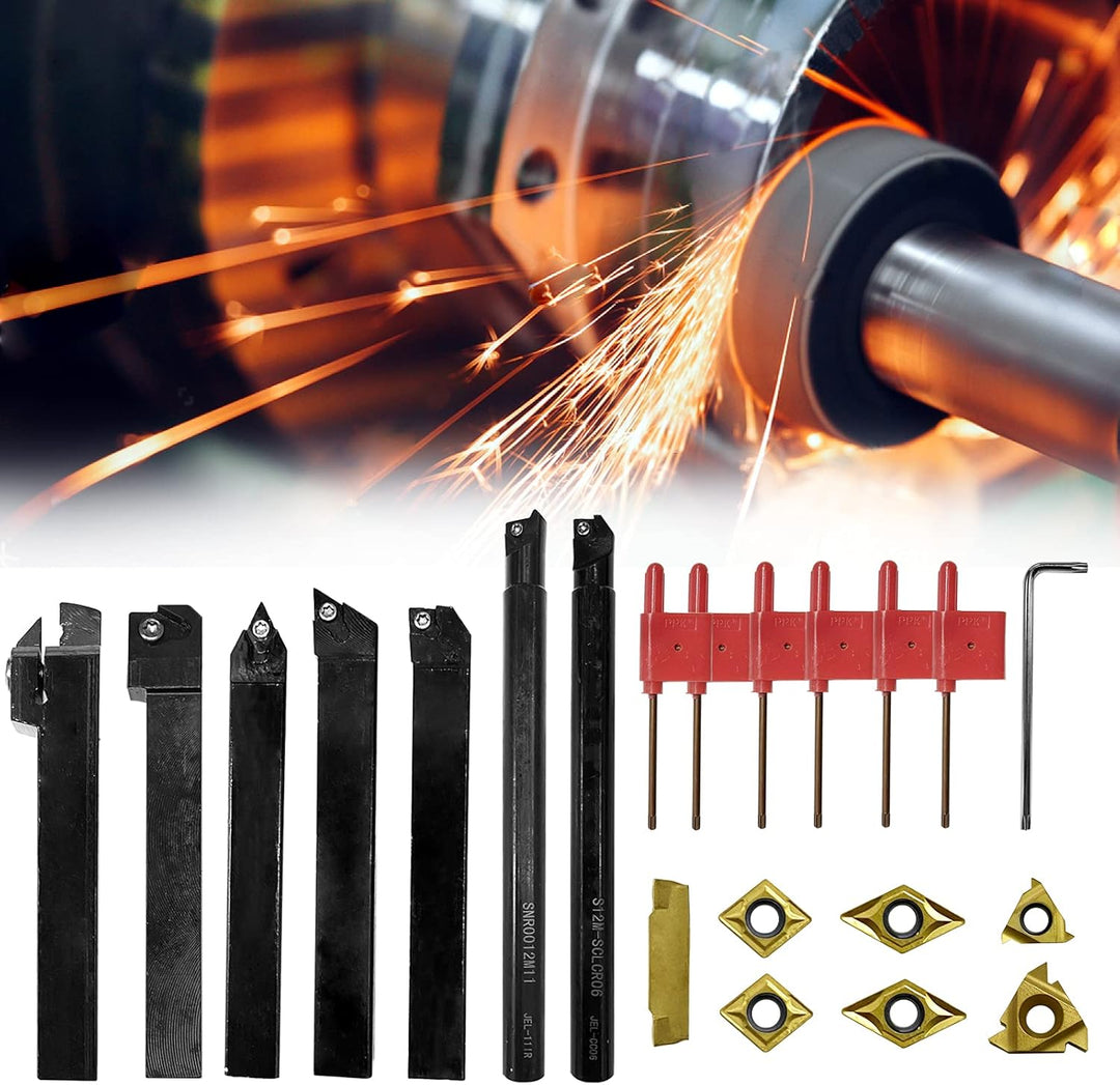 21 Stück Drehmeissel mit Wendeplatten Bohrstange Drehmeisselhalter Set, 7 x Drehmaschinen-Halterung,