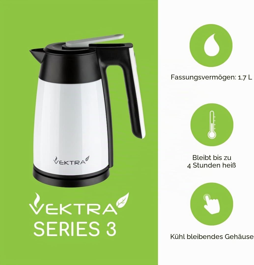 Vektra VEK-1703 Vakuumisolierter, Doppelwandiger Wasserkocher mit Temperatureinstellung – 1,7L, Edel