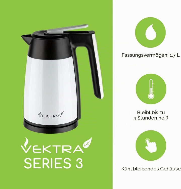 Vektra VEK-1703 Vakuumisolierter, Doppelwandiger Wasserkocher mit Temperatureinstellung – 1,7L, Edel
