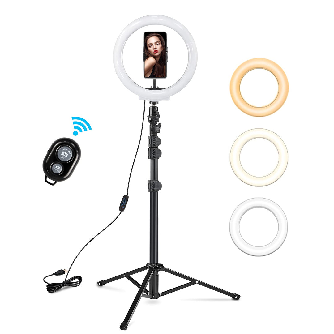 iRhodesy LED Ringlicht 10 Zoll inkl. 150 cm Stativ, dimmbare Selfie Ringleuchte, 3 Lichtmodi & 10 He