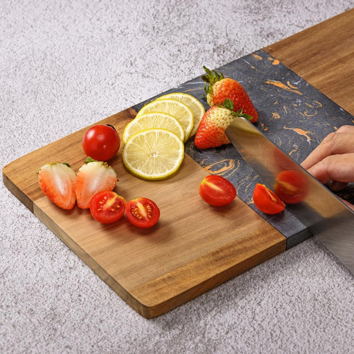 Kadum Servierplatte 40cm x 20cm x 1,4cm | Beidseitig nutzbares Servierbrett aus Marmor und Akazienho