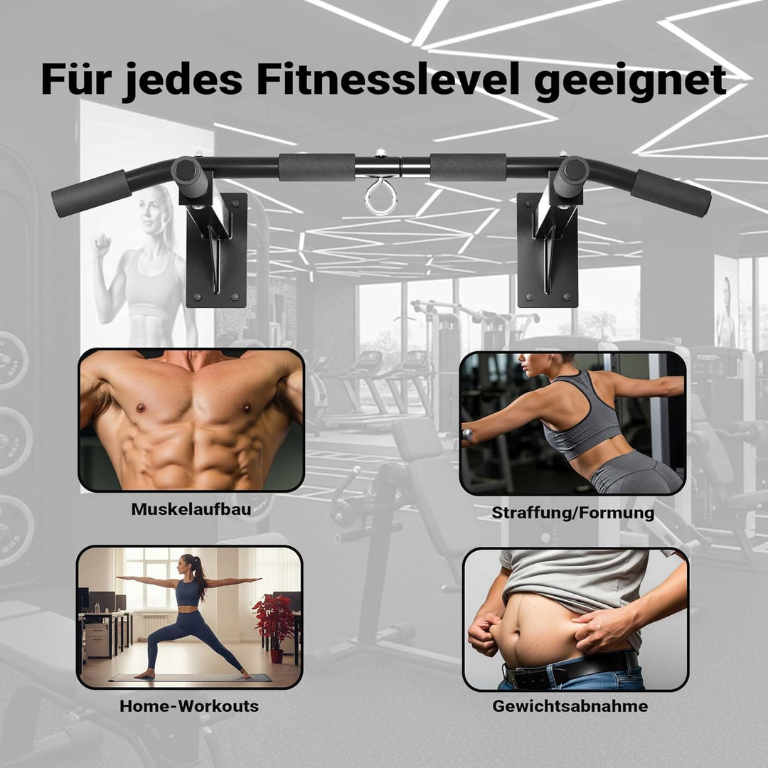Klimmzugstange zur Wandmontage bis 200 kg, Klimmzug Stange aus Stahl mit gepolsterten Griffen, Fitne