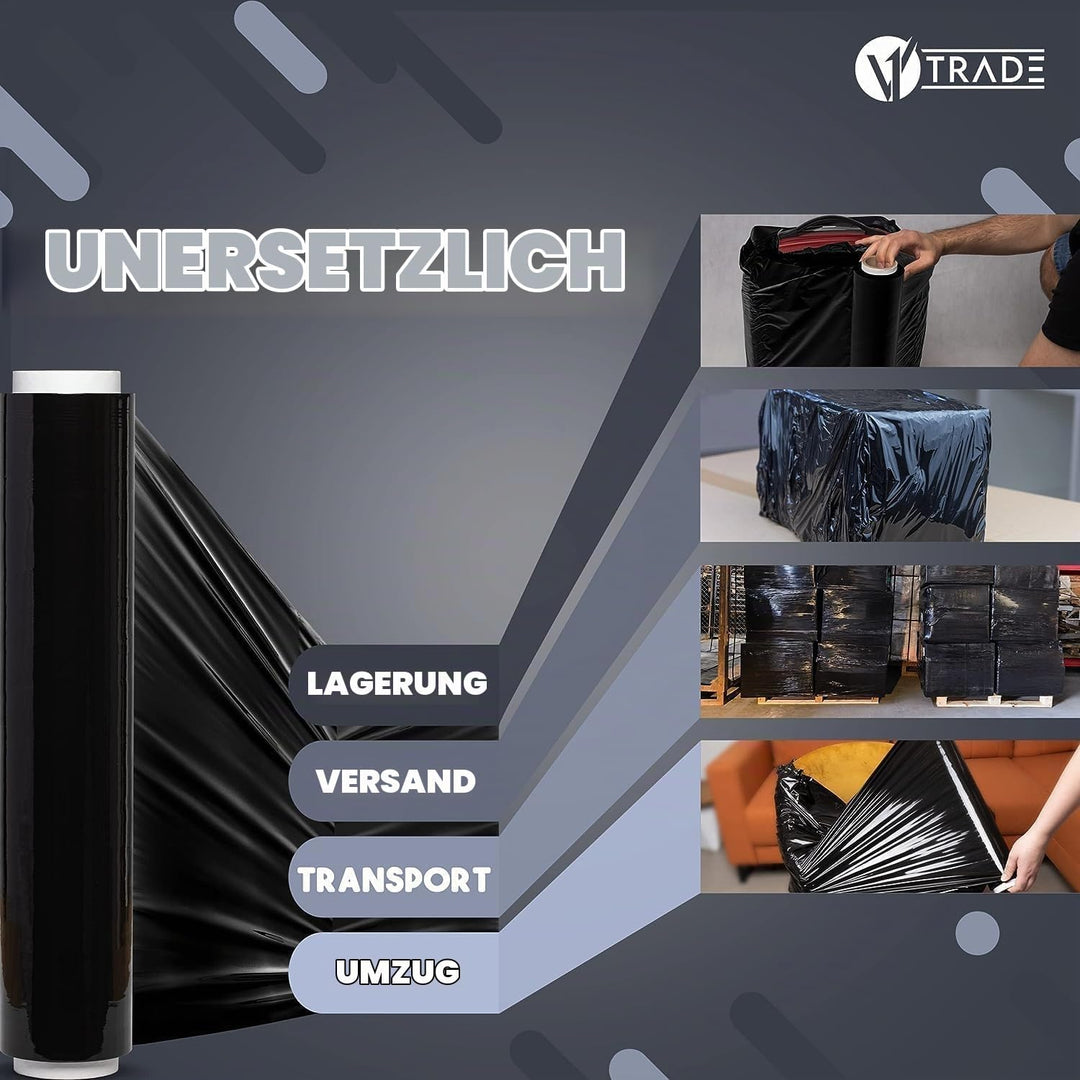 V1 TRADE Stretchfolie Schwarz Strechfolienrolle 1,5kg - Wickelfolie - Handstretchfolie 285m/50cm Ver