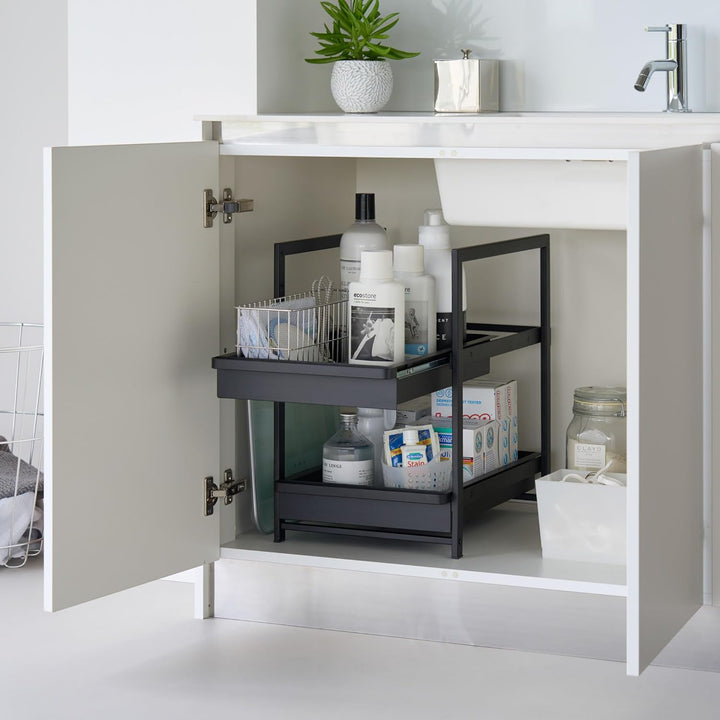 Yamazaki 1461 TOWER 2-stöckiges Spülschrank-Regal mit Schiebeböden, schwarz, Stahl, minimalistisch,