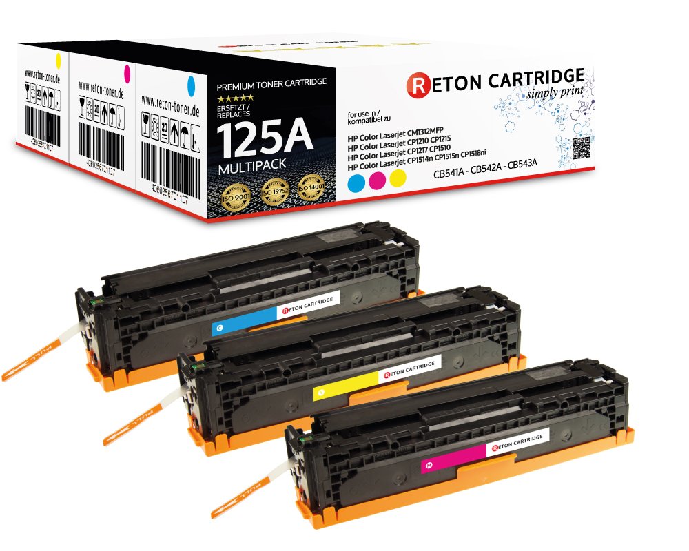 Original Reton Toner, kompatibel, 3er Farbset für HP CM1312mfp (CB541A, CB542A, CB543A), HP 125A, Co
