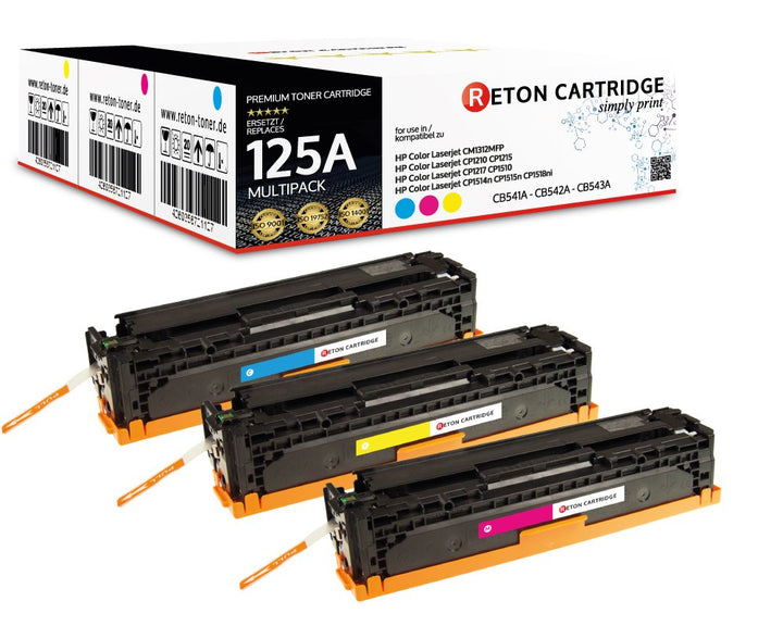 Original Reton Toner, kompatibel, 3er Farbset für HP CM1312mfp (CB541A, CB542A, CB543A), HP 125A, Co