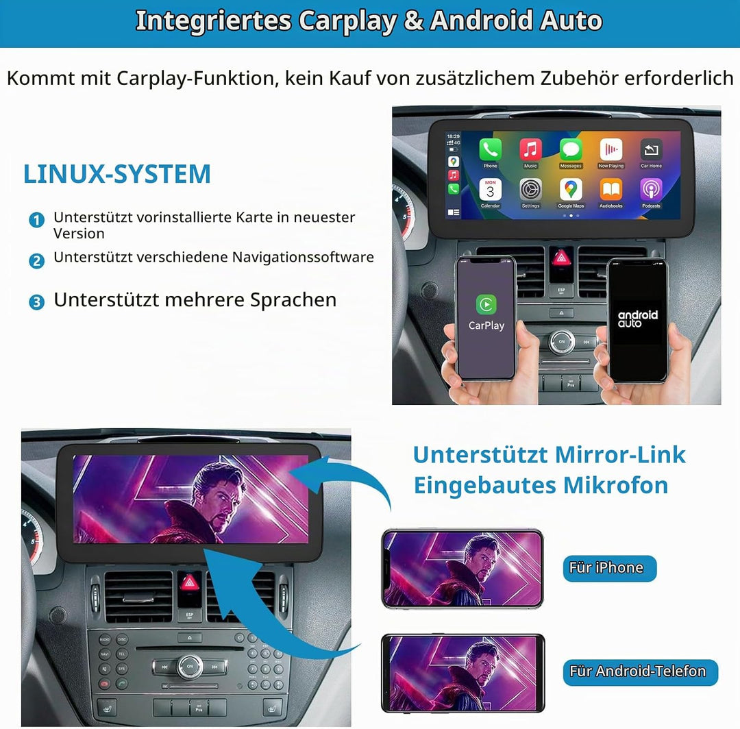 Ninetom Autoradio 10,25-Zoll-Touchscreen mit kabellosem Carplay und Android Auto für 2008-2010 Merce