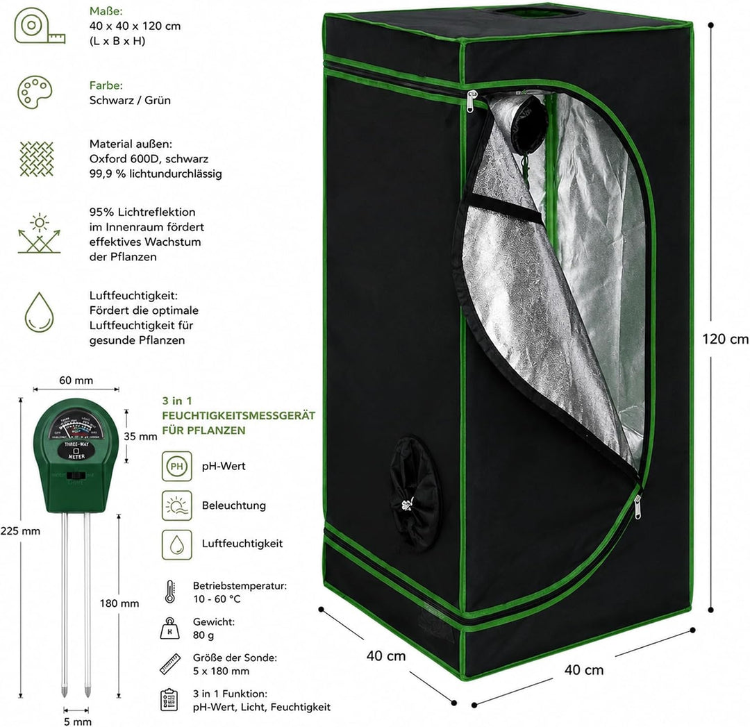 Mucola Growzelt Zuchtzelt Set mit 3-in-1 Messgerät lichtdicht 40x40x120 cm | 600D Oxford-Gewebe, ref
