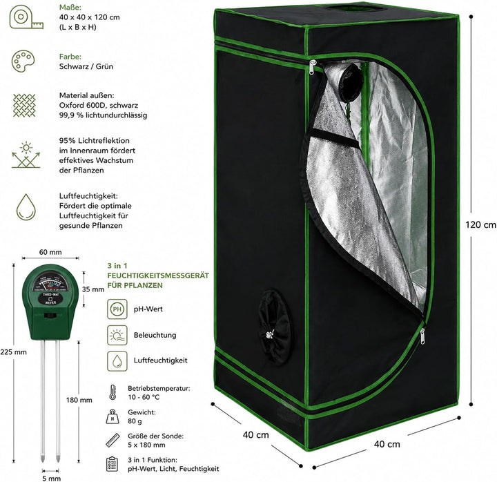 Mucola Growzelt Zuchtzelt Set mit 3-in-1 Messgerät lichtdicht 40x40x120 cm | 600D Oxford-Gewebe, ref
