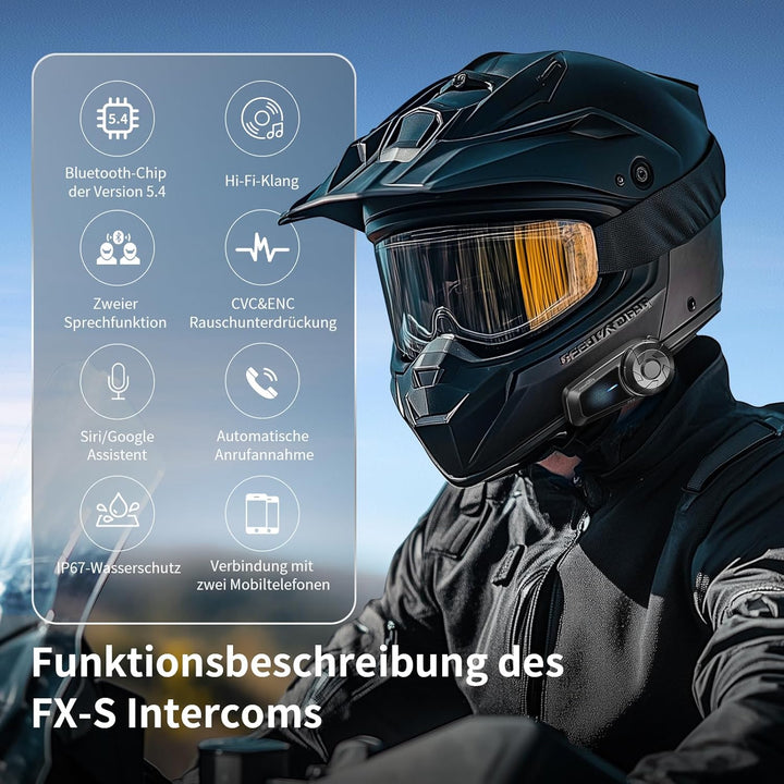 Fodsports FX-S Motorrad Headset Bluetooth 5.4, Helm Kommunikationssystem für 2 Personen, Dreifache G