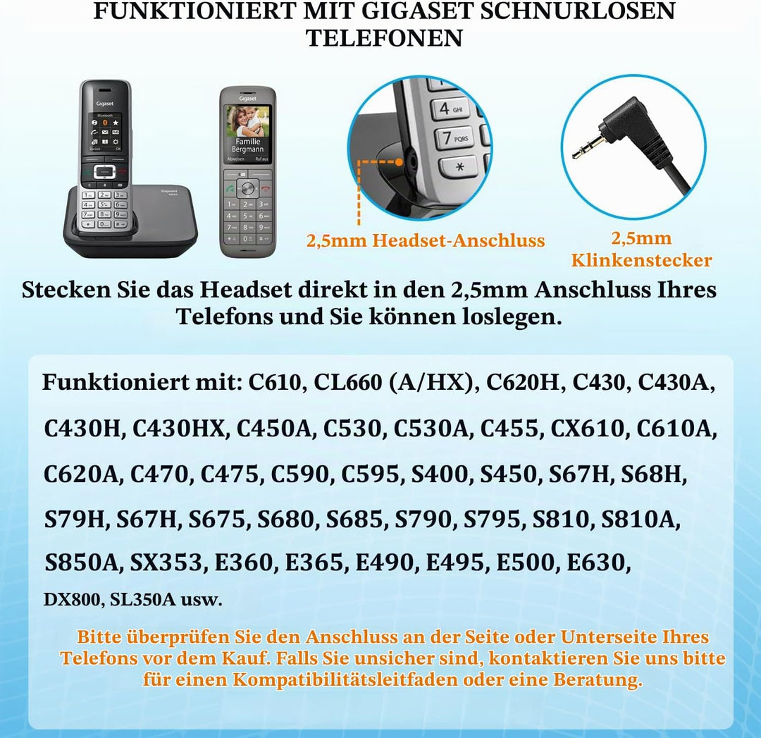 Callez 2,5mm Klinke Headset Telefon mit Mikrofon Noise Cancelling, Schnurlos Festnetz Kopfhörer für