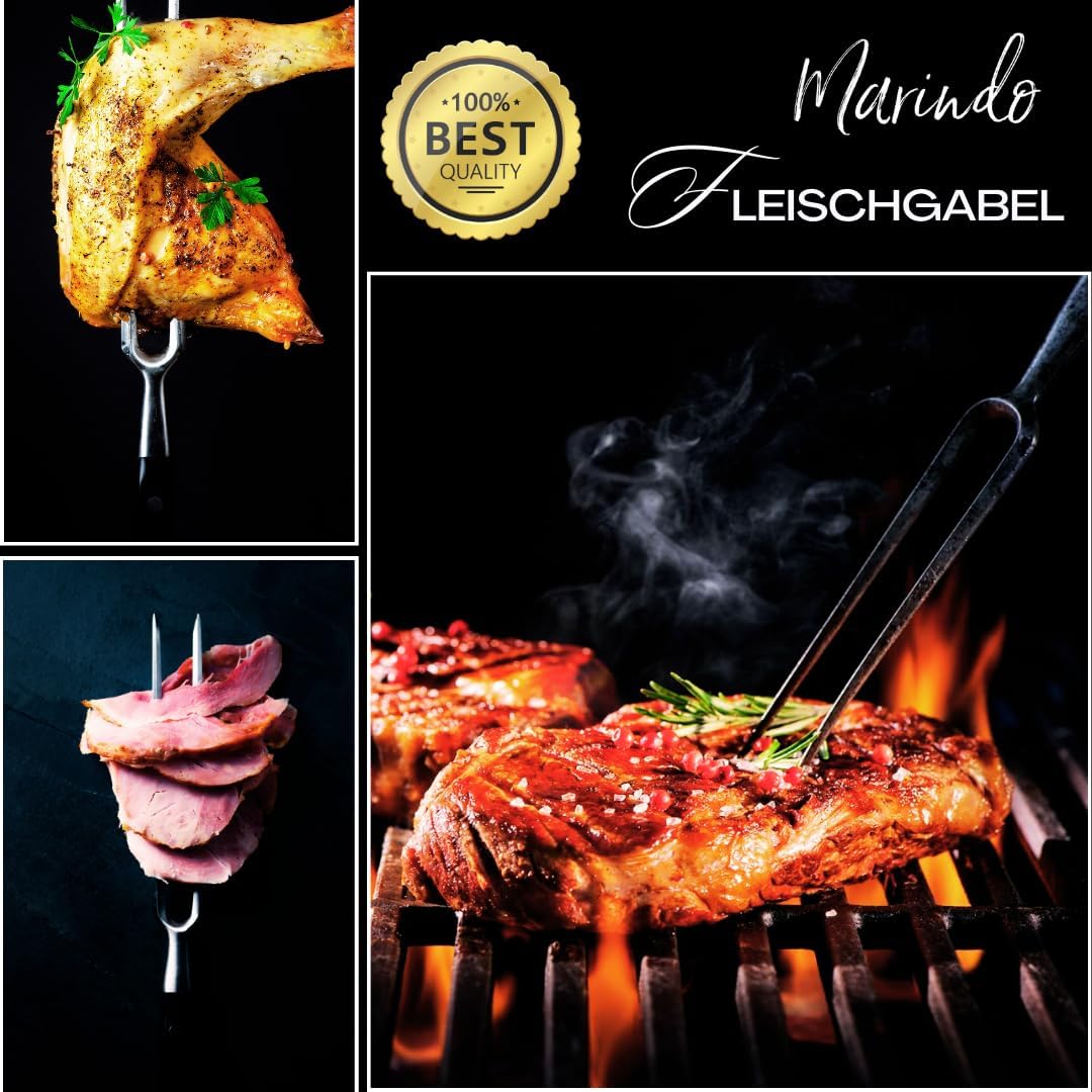 Marindo Profi Fleischgabel Edelstahl 31,5cm | Fleischgabel mit Holzgriff & 17cm Klingenlänge | Grill