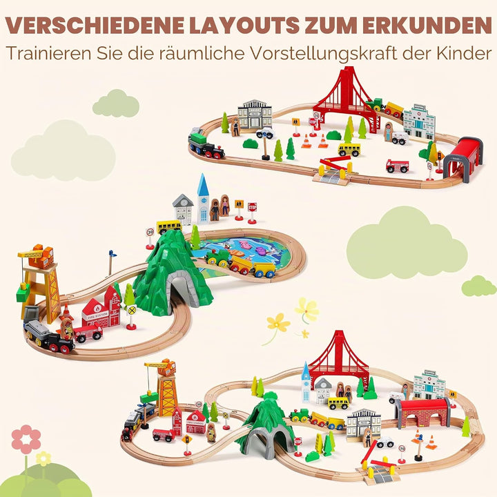 SainSmart Jr. Holzeisenbahn Set 112 Teile, Brücke &amp; Tunnel, Kompatibel Brio