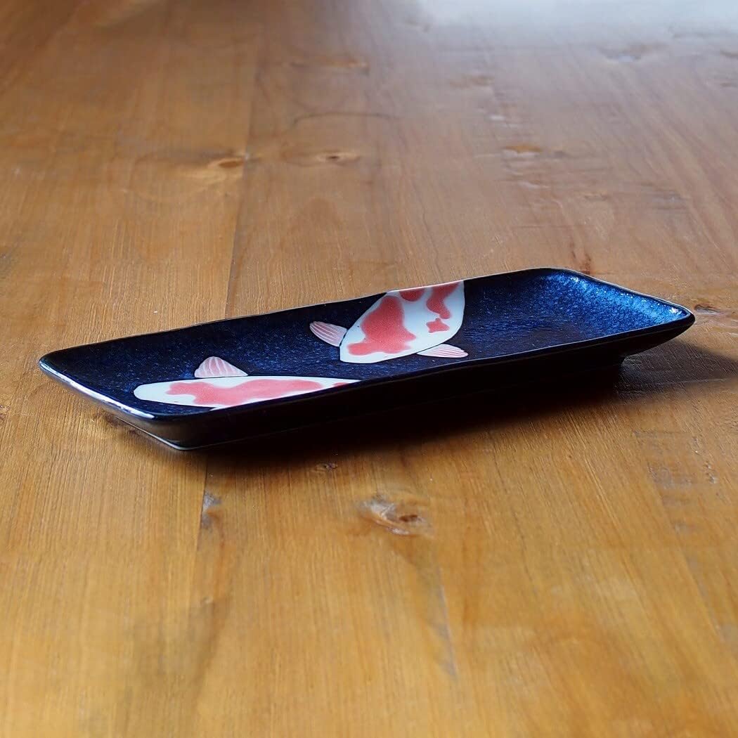 Japanischer Mino-Yaki-Keramik-Sushi-Teller, rechteckiger Teller, 29,5 cm, rote Karpfen auf schwarzer