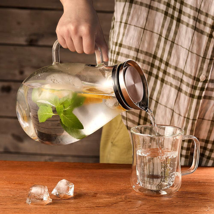 Ehugos Glaskaraffe Wasserkrug aus Borosilikatglas Wasserkaraffe mit Edelstahl Deckel Glaskrug (2L),