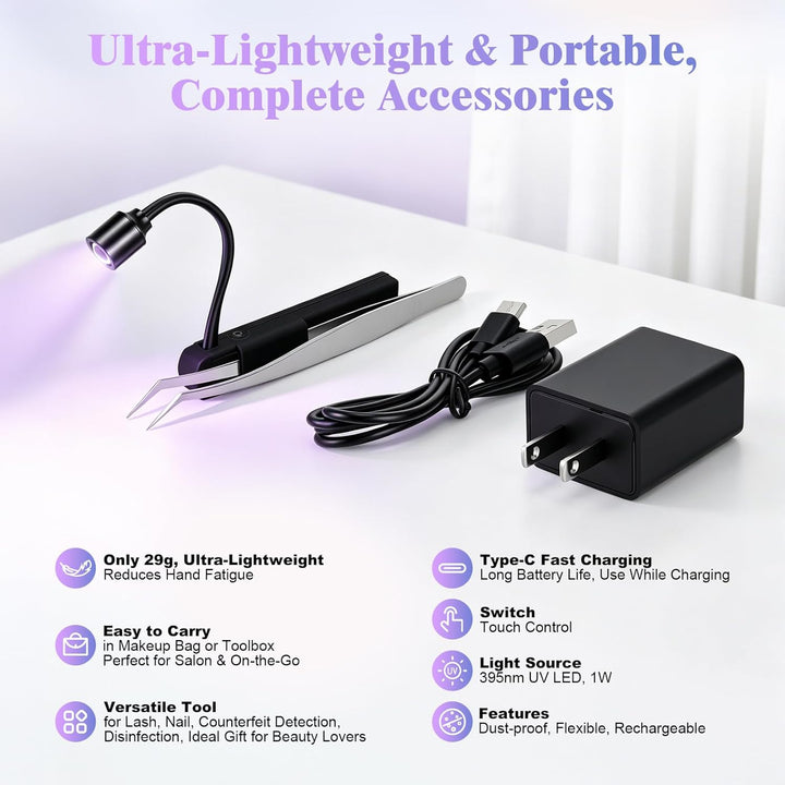 Mini UV Wimpern Lampe, 1 W Hand-UV-Lampe mit Pinzette, UV Lampe mit Touch-Sensor &amp; Biegbarem Schwane