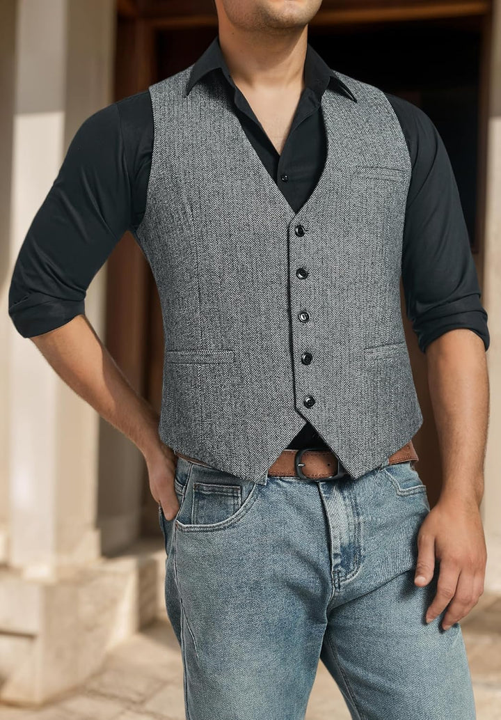 HISDERN Herren Anzugweste Herringbone Weste Hochzeit Herrenweste Formale Tweed Wollweste Classic Bas