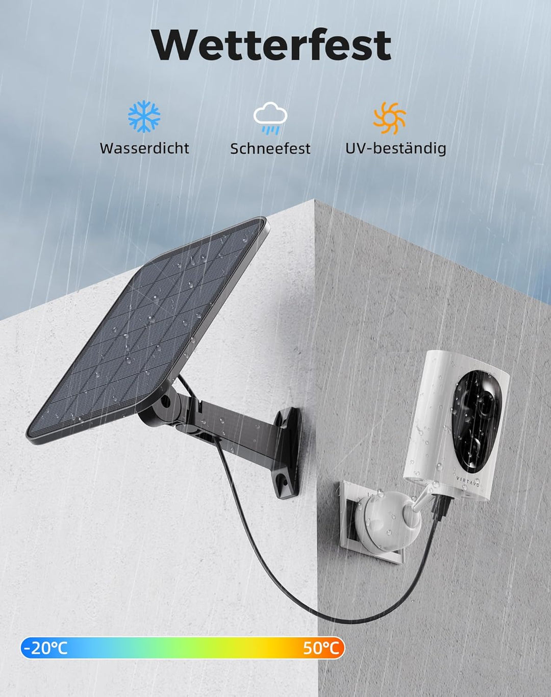 virtavo 2K 3MP Überwachungskamera Aussen Solar, Kamera Aussen Akku, Starlight Farb‑Nachtsicht, 2.4GH