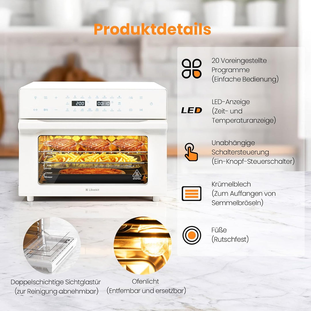 LLIVEKIT 30L Heissluftfritteuse XXL, Minibackofen Umluft mit 20 Programme | 9 Zubehör, Mini Backofen