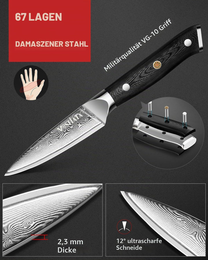 MOSFiATA 3,5 Zoll Damast Schälmesser Obstmesser Scharf Gemüsemesser, VG10 Damaszener Stahl, Geschenk