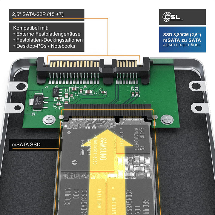 CSL - Festplattengehäuse SSD 8,89cm (2,5'') mSATA zu SATA Adapter Gehäuse | Festplatten-Gehäuse - Ko
