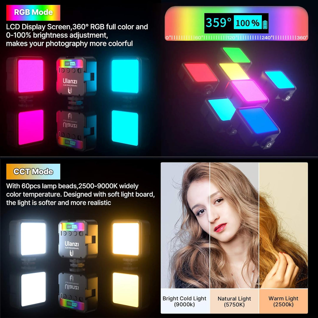 LED Videoleuchte RGB mit Eingebautem Akku, Mini Dimmbare Videolicht 2500K-9000K, Kamera Licht Dauerl