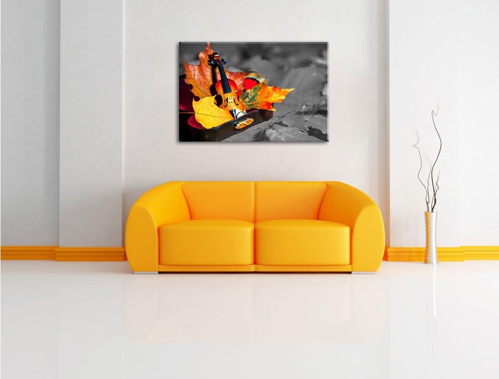 Pixxprint Miniatur Violine umgeben von Blättern B&W Detail, Format: 100x70 auf Leinwand, XXL riesige