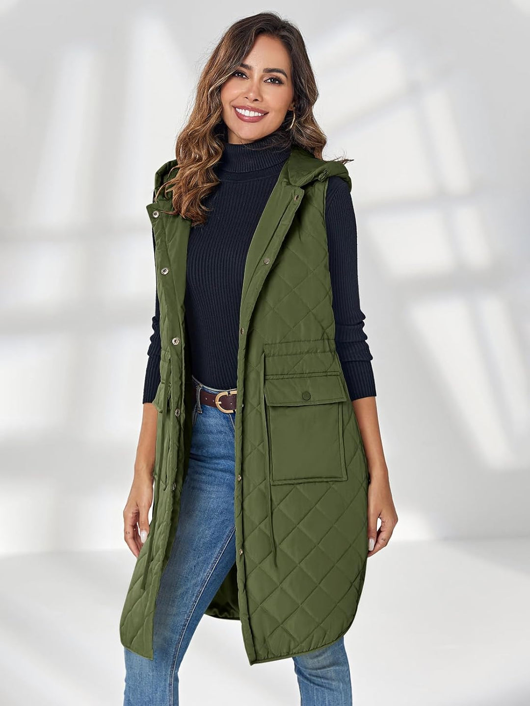 Wenrine Damen Weste Lang Ärmellose Winter Steppweste mit Kapuze und Taschen Casual S Armeegrün, S Ar