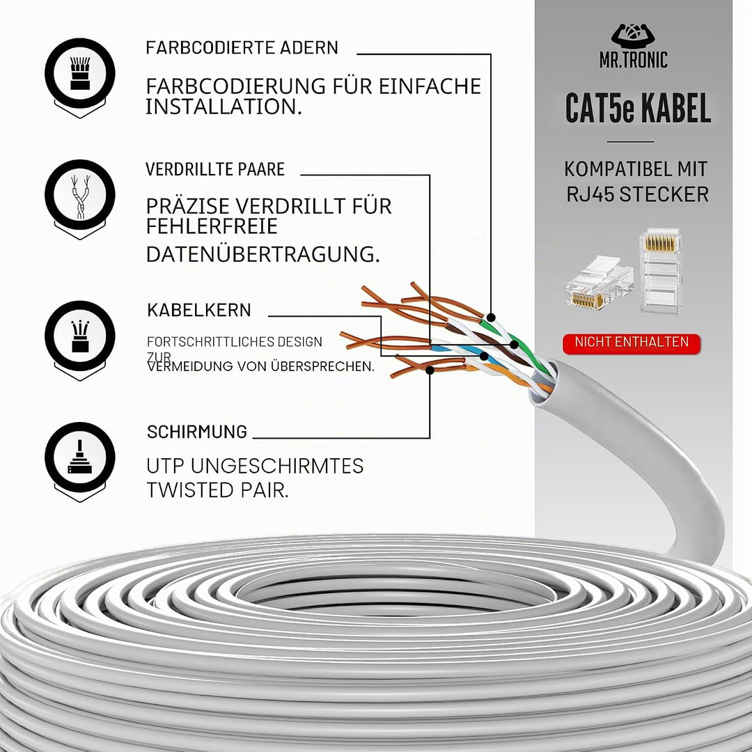 Mr. Tronic 25m Ethernet Netzwerkkabel Cat 5E, LAN Netzwerkkabel Für Schnelle &amp; Zuverlässige Internet