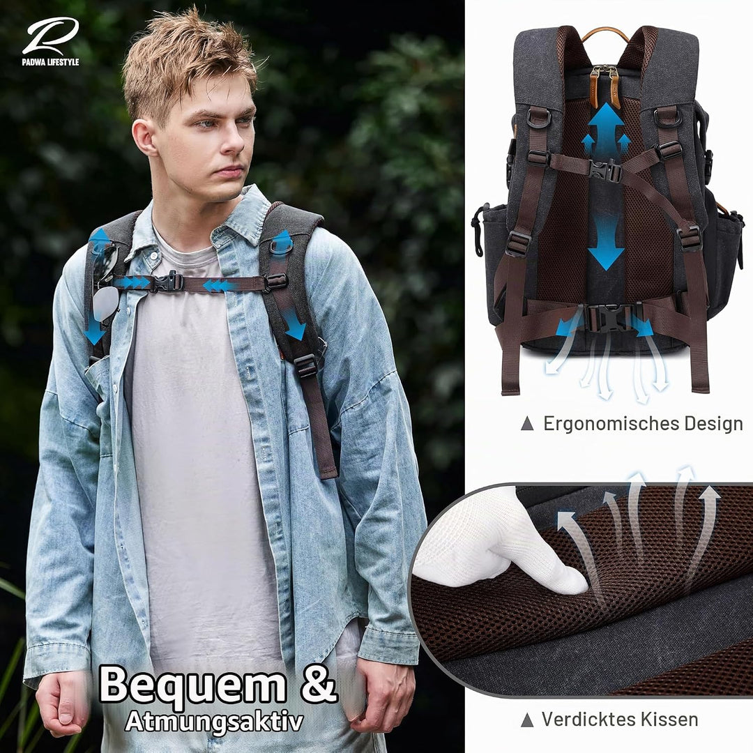 Padwa Lifestyle Kamerarucksack - Gewachstem Memory Canvas Kamerarucksack mit 16“ Laptop-/Objektivfac