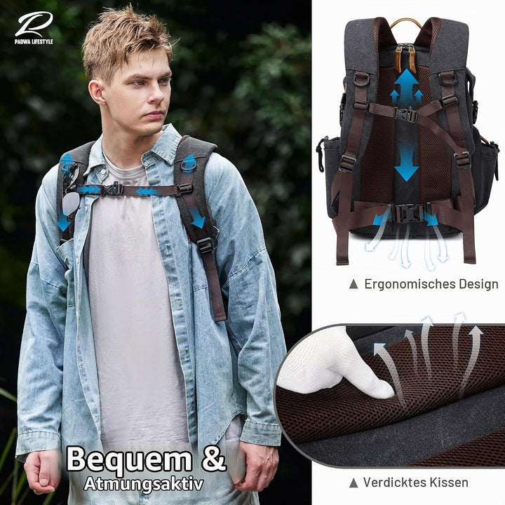Padwa Lifestyle Kamerarucksack - Gewachstem Memory Canvas Kamerarucksack mit 16“ Laptop-/Objektivfac