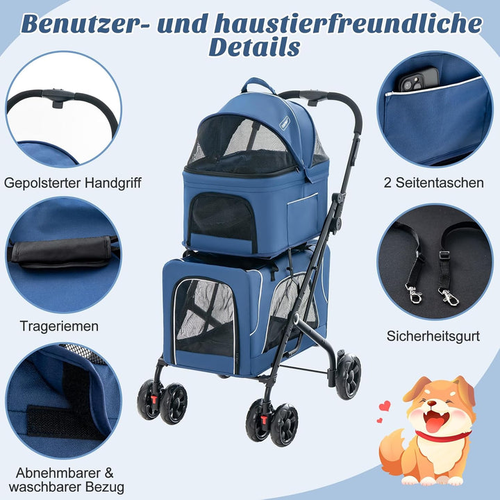 COSTWAY 3 in 1 Hundewagen, Hundebuggy 2 Etagen mit Netzfenstern &amp; Taschen &amp; Polstern, Oxford &amp; Metal