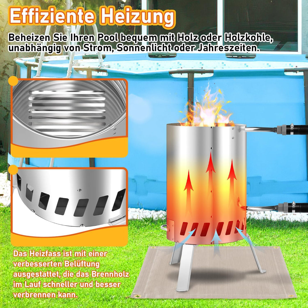 Poolheizung mit Feuer 2 Sets, Poolheizung Feuertonne mit Heizspirale, 32-38mm Anschlüsse, Poolofen H