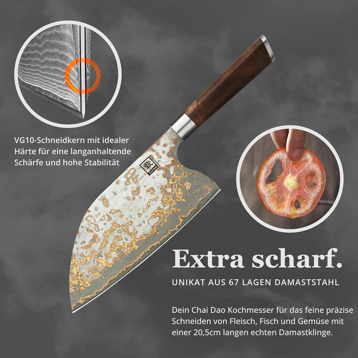 zayiko MysticMagma Damastmesser Chai Dao I mit 20,5 cm Klinge gefertigt aus 67 Lagen Damaststahl mit