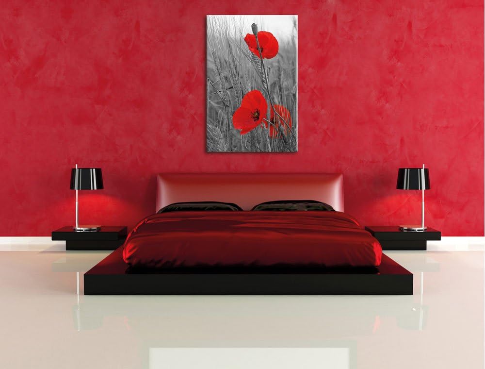Pixxprint einzelne Mohnblumen im Getreidefeld schwarz/weiss als Leinwandbild/Grösse: 100x70 cm/Wandb