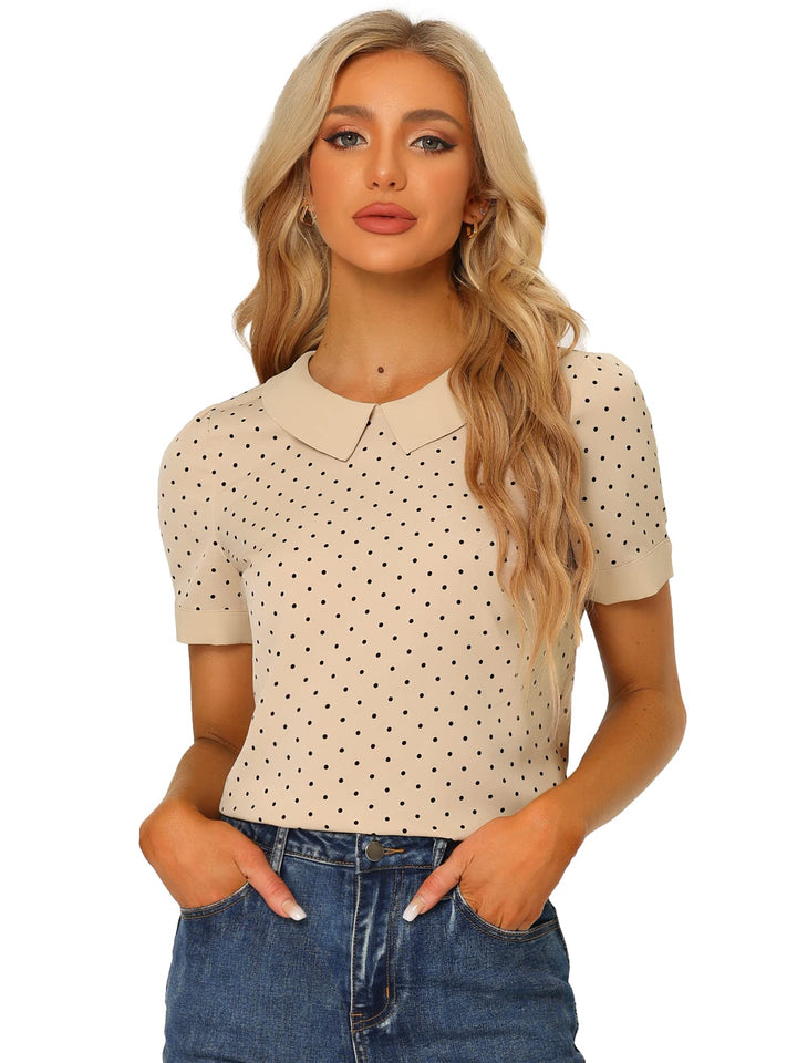 Allegra K Damen Kurzarm Bubikragen Punkte Oberteil Vintage Polka Dots Elegant Top Bluse M Dunkelbeig