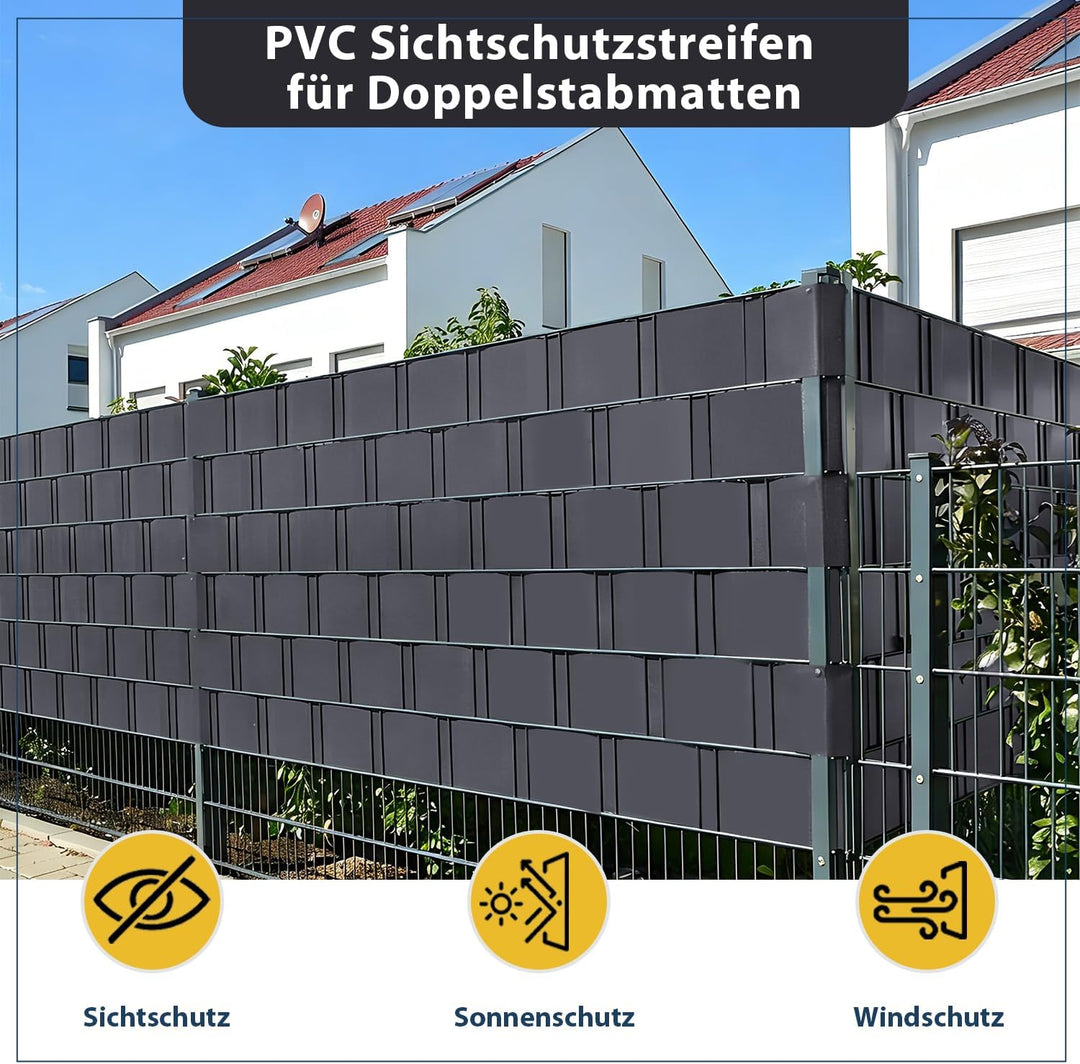 Sekey PVC Sichtschutzstreifen für Doppelstabmatten 35m x 19cm - 26 Befestigungsclips, Doppelstabmatt
